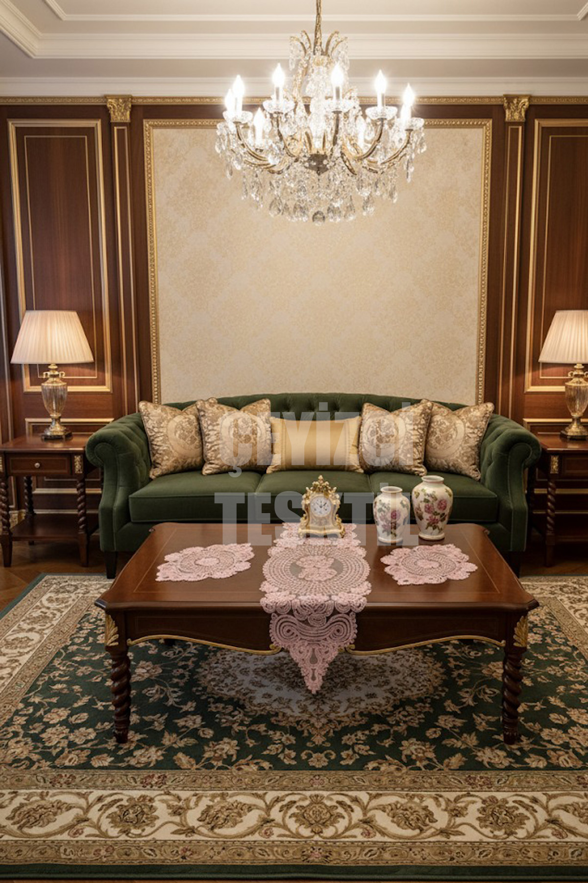 44 Salon Takımı, Yatak Odası 3 Parça Sehpa Örtüsü, Masa Örtüsü 3 Parça Oda Takımı Pudra - Görsel 1