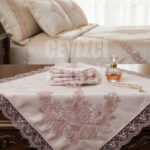 Çeyizlik Bohça, Saten Bohça Dantelli Nişan Bohçası - Kadife Pudra Dar Güpürlü