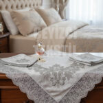 Çeyizlik Bohça, Saten Bohça Dantelli Nişan Bohçası - Gri Kadife Dar Güpür