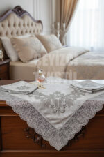 Çeyizlik Bohça, Saten Bohça Dantelli Nişan Bohçası - Gri Kadife Dar Güpür