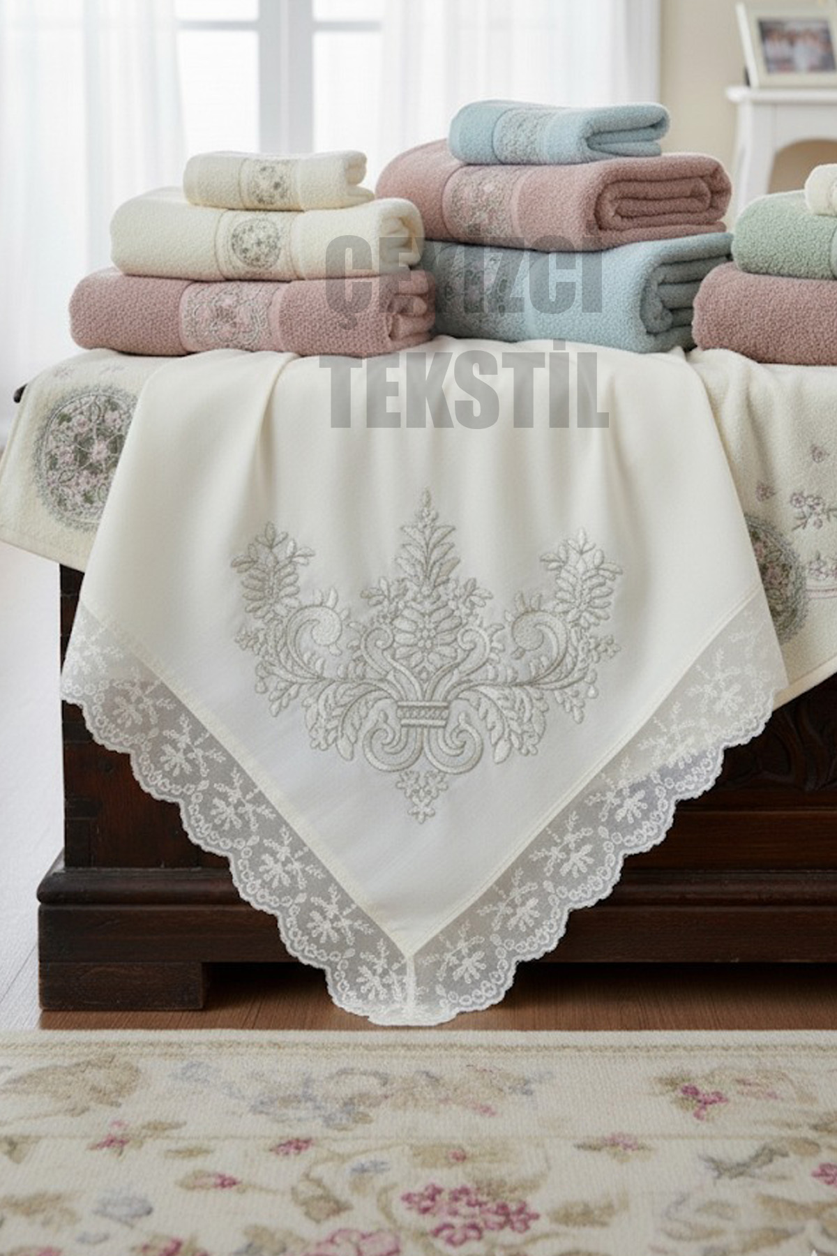 887 Fransız Güpürlü Işlemeli, Çeyizlik Saten Lüks Bohça, Nişan Bohçası - Görsel 1