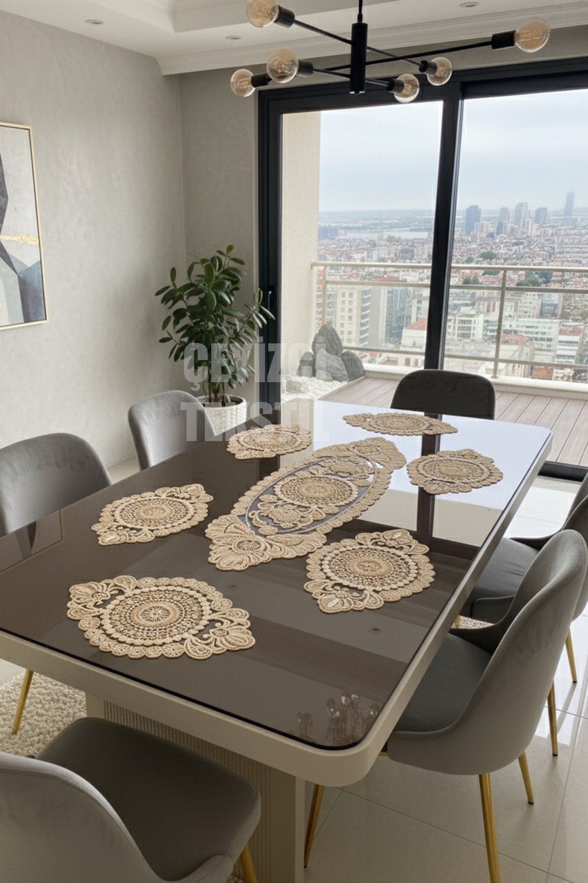 909 Modern Amerikan Servis Supla Runner Takımı 6 Kişilik - Kahve - Görsel 1