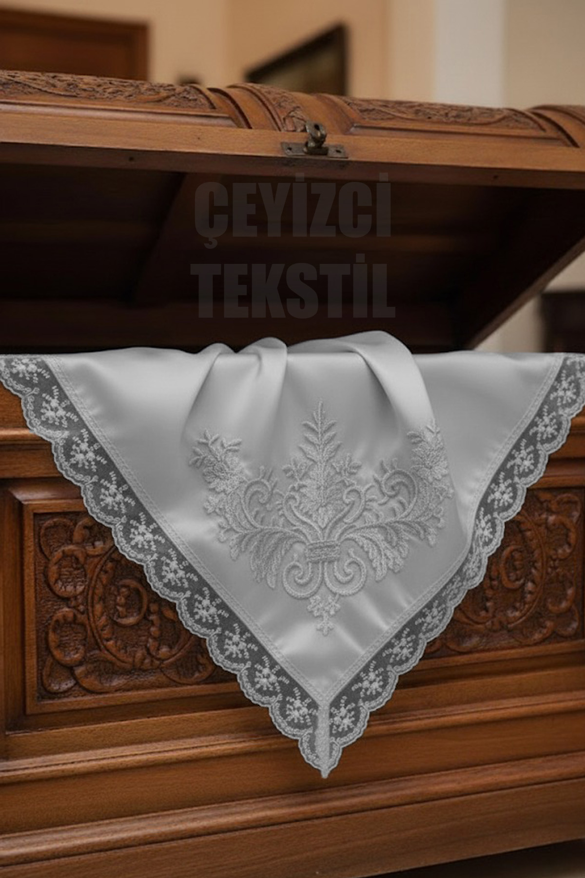 940 Fransız Güpürlü Işlemeli, Çeyizlik Saten Lüks Bohça, Nişan Bohçası - Gri - Görsel 1