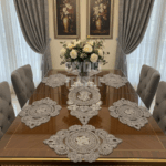 Amerikan Servis, 1 Runner 6 Supla Yemek Servis Takımı, Masa Örtüsü Seti, Servis Sunum Seti - Gri