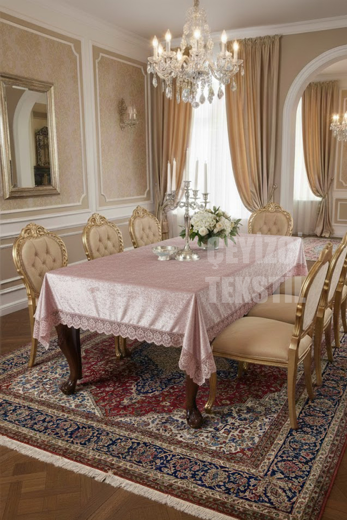 pudraq1 Kadife Masa Örtüsü Fransız Dantelli, Lüks Kadife Masa Örtüsü Dantelli - Görsel 1