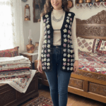 Özel Tasarım Boncuklu Yelek Siyah Renkli Çiçek