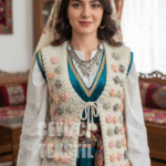 Özel Tasarım Boncuklu Yelek Krem Renkli Çiçek