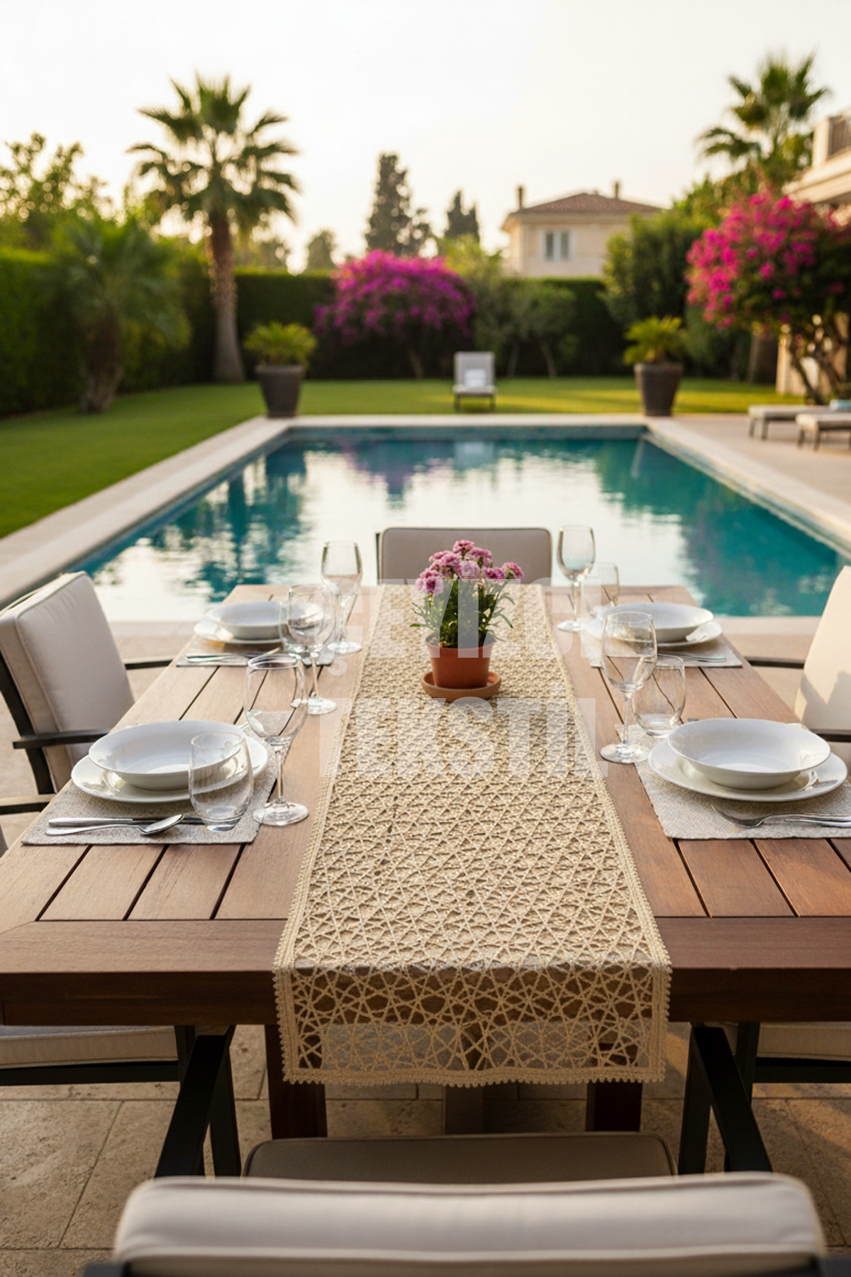 karekahve Fransız Dantel Detaylı Tek Runner, Masa Üzerine Runner, Masa Örtüsü Runneri - Görsel 1