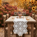 Fransız Dantel Detaylı Tek Runner, Masa Üzerine Runner, Masa Örtüsü Runneri - Krem