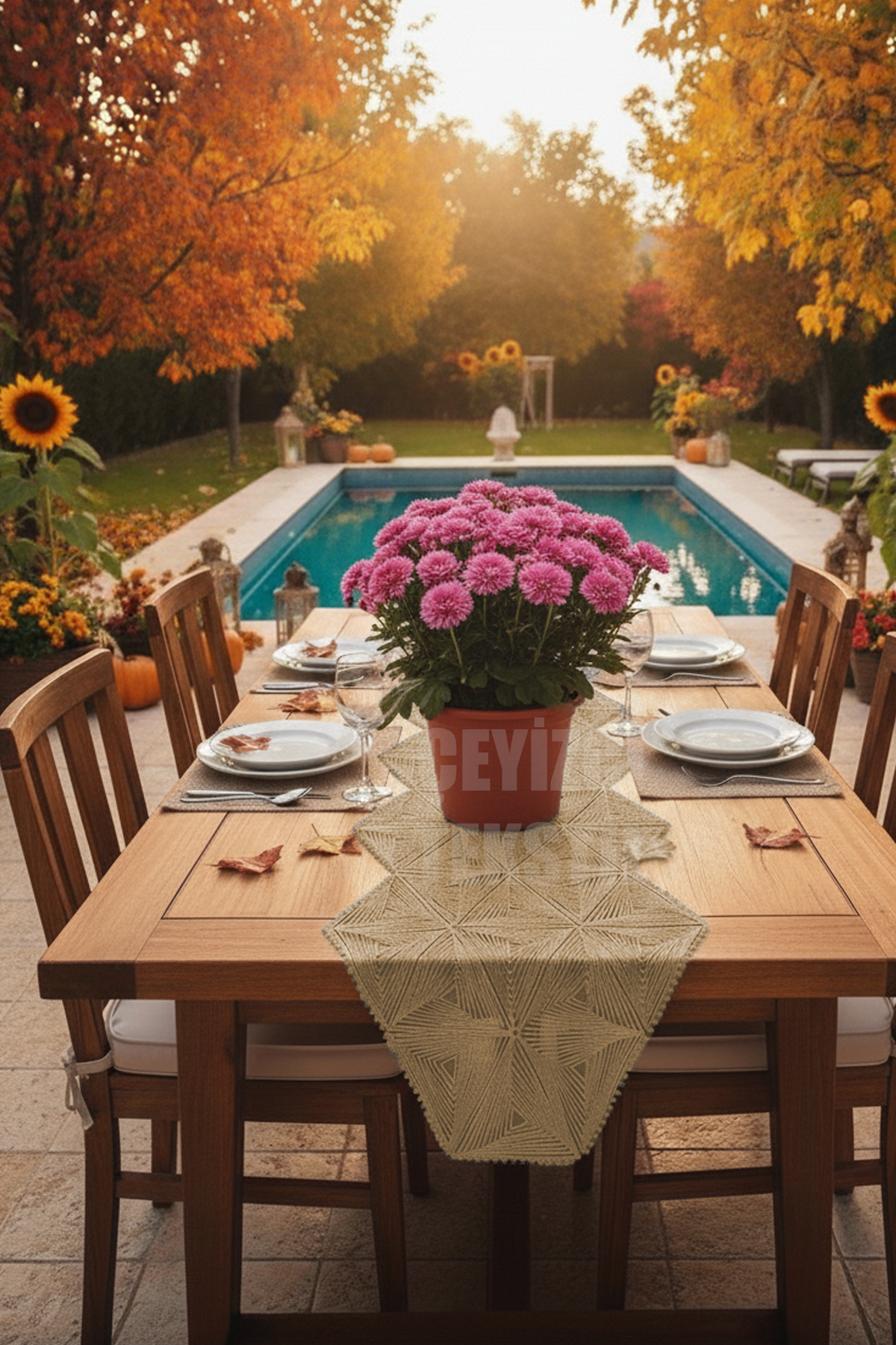 sarmalkahve Fransız Dantel Detaylı Tek Runner, Masa Üzerine Runner, Masa Örtüsü Runneri - Görsel 1