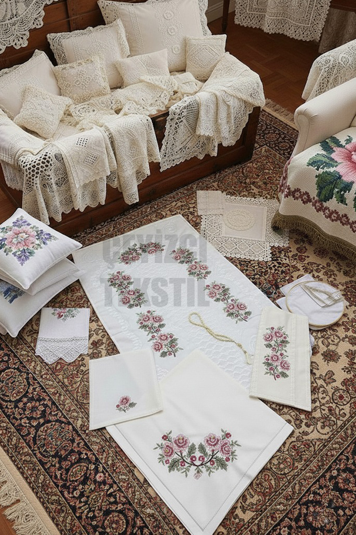 setpmebe Kanaviçe Seccade Takımı, Seccade Seti Kanaviçe Renkli 4 Parça Seccade Kanaviçe Takım - Pembe - Görsel 1