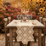 Fransız Dantel Detaylı Tek Runner, Masa Üzerine Runner, Masa Örtüsü Runneri - Kahve