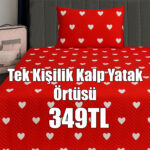Tek Kişilik Kırmızı Zemin Kalp Desen Yatak Örtüsü