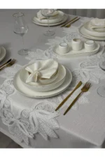 Masa Örtüsü Yemek Takımı 12 Kişilik 26 Parça Fransız Dantelli – Ekru