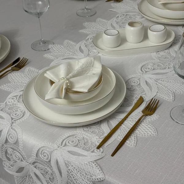 Masa Örtüsü Yemek Takımı 12 Kişilik 26 Parça Fransız Dantelli – Ekru