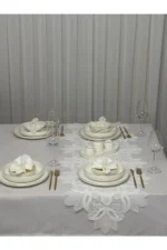 Masa Örtüsü Yemek Takımı 12 Kişilik 26 Parça Fransız Dantelli – Ekru - Görsel 2