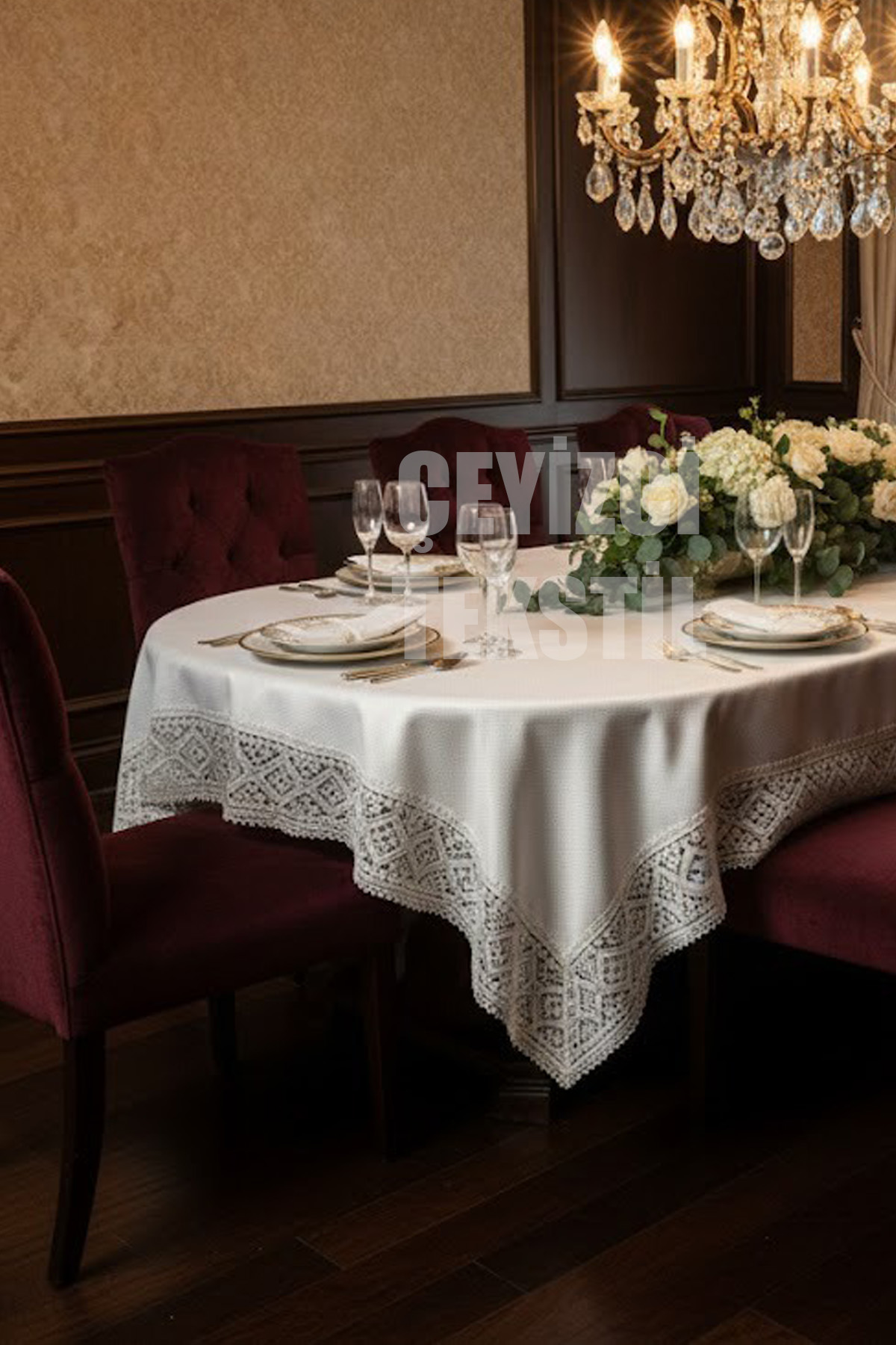 PTİKAREMASA1 Tek Masa Örtüsü Pitikare 160x220cm | Dantelli Yemek Masası Örtüsü 160x220cm Tek Masa - Görsel 1