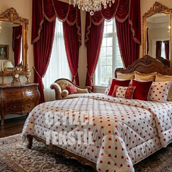 Çift Kişilik Yorgan Beyaz Zemin Kırmızı Kalp Desen