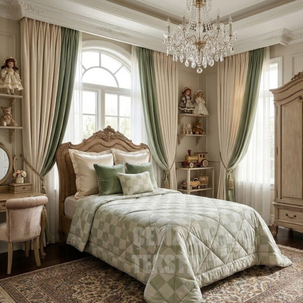 Tek Kişilik Yorgan Kare Desen Yeşil