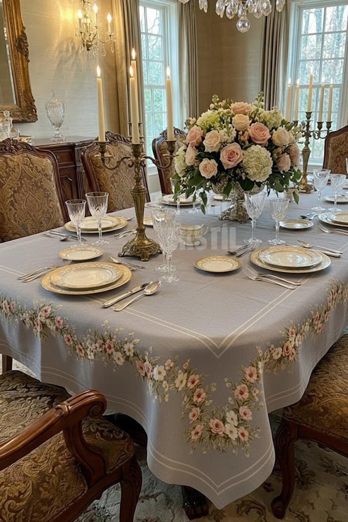 GRİ1 Masa Örtüsü, Dijital Baskılı Kanaviçe Tek Masa Örtüsü, Desenli Leke Tutmaz 160x220cm - Görsel 1