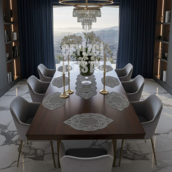 Amerikan Servis, 1 Runner 6 Supla Gri Yemek Servis Takımı, Masa Örtüsü Seti, Servis Sunum Seti