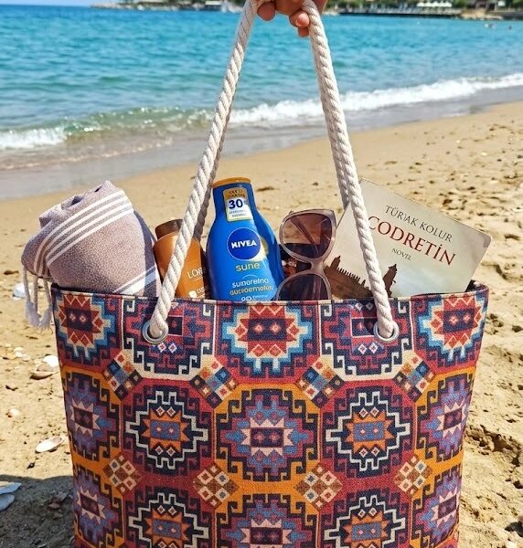 Büyük Boy Plaj Çantası 40x30 cm – Fermuarlı Günlük Omuz, Alışveriş ve Tatil Çantası